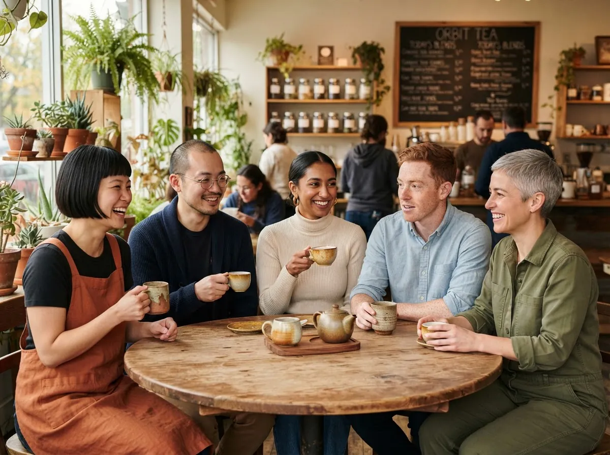 Nano Banana 2 Lite scene of five named Orbit Tea staff around a cedar table, each keeping a consistent look