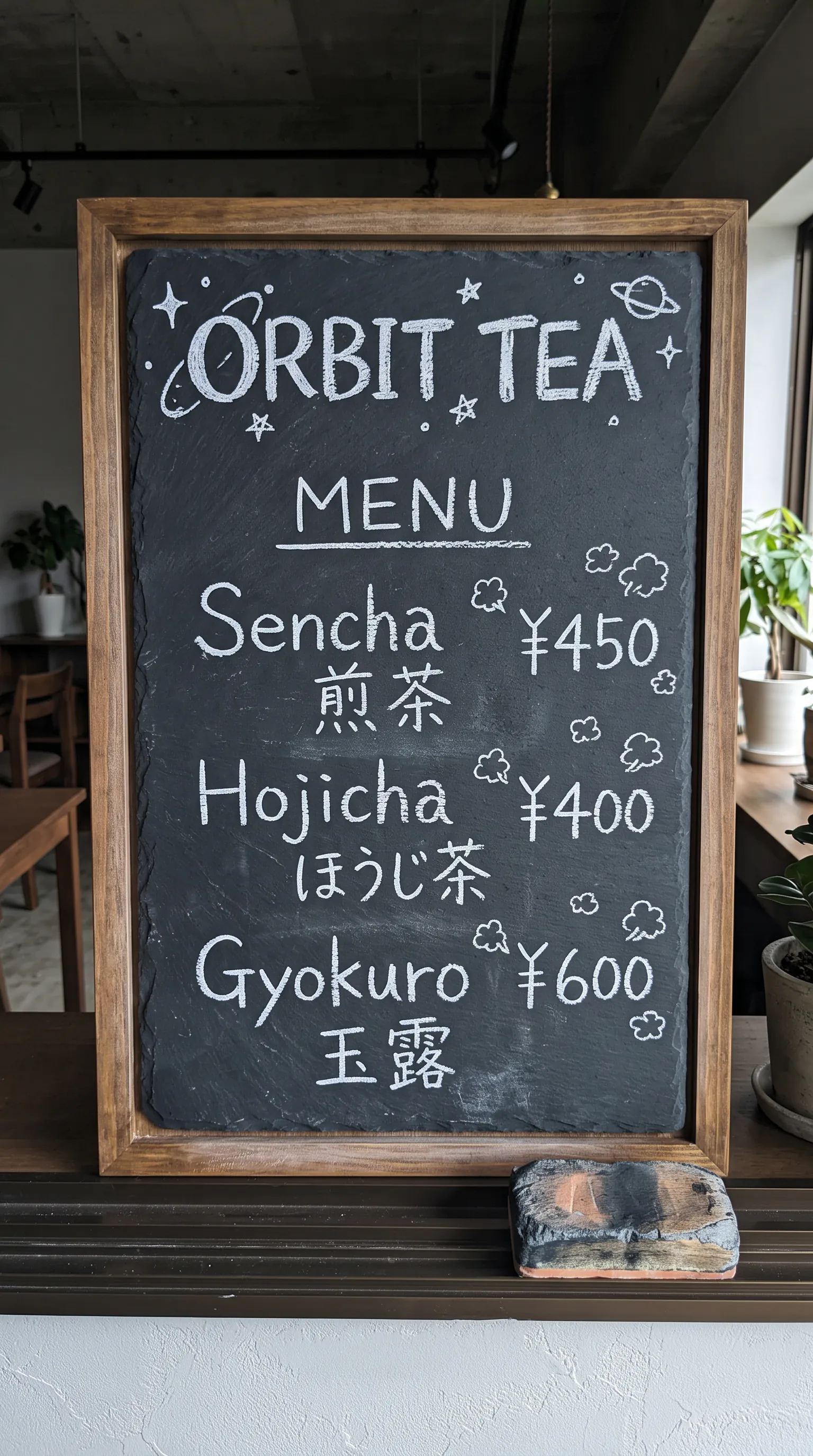 Nano Banana 2 bilingual Orbit Tea chalkboard menu in English and Japanese with yen prices