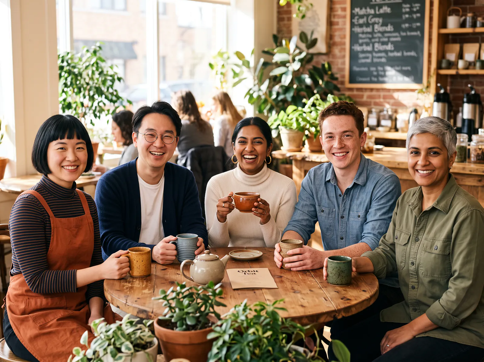 Nano Banana 2 scene of five named Orbit Tea staff around a cedar table, each keeping a consistent look