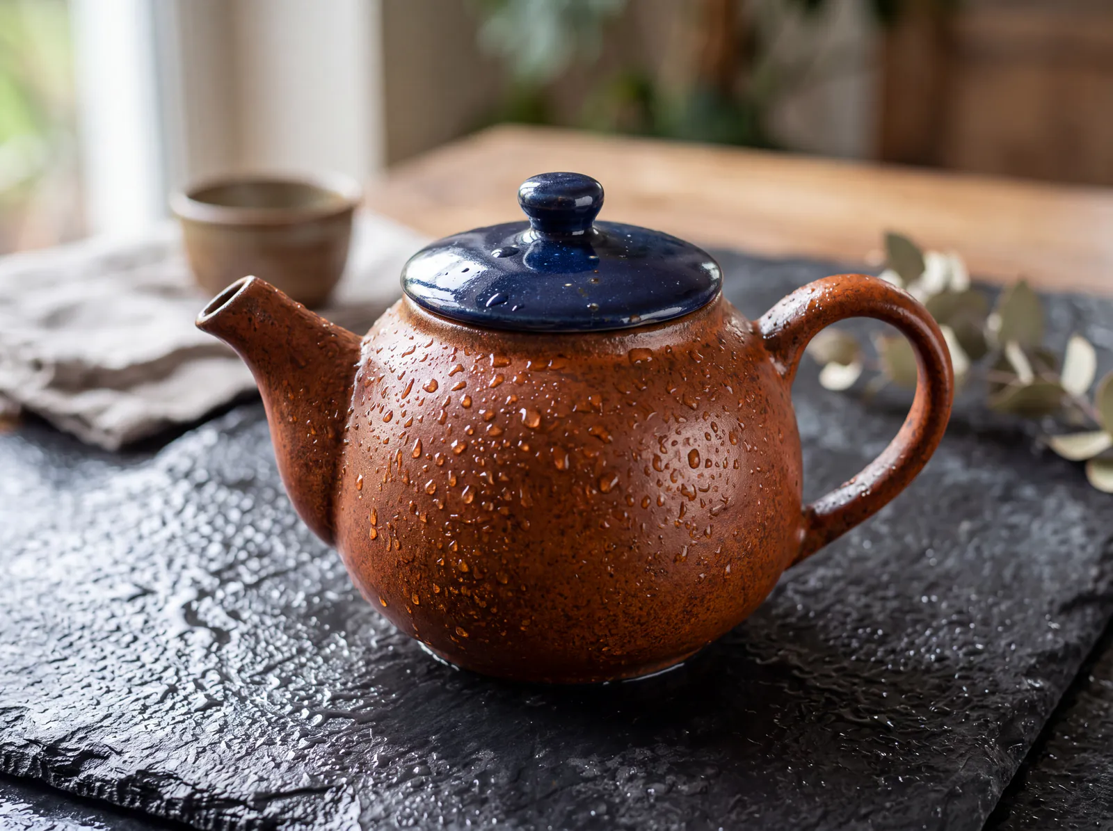 Nano Banana 2 4K product photo of the Orbit Tea ceramic teapot on wet slate with water droplets