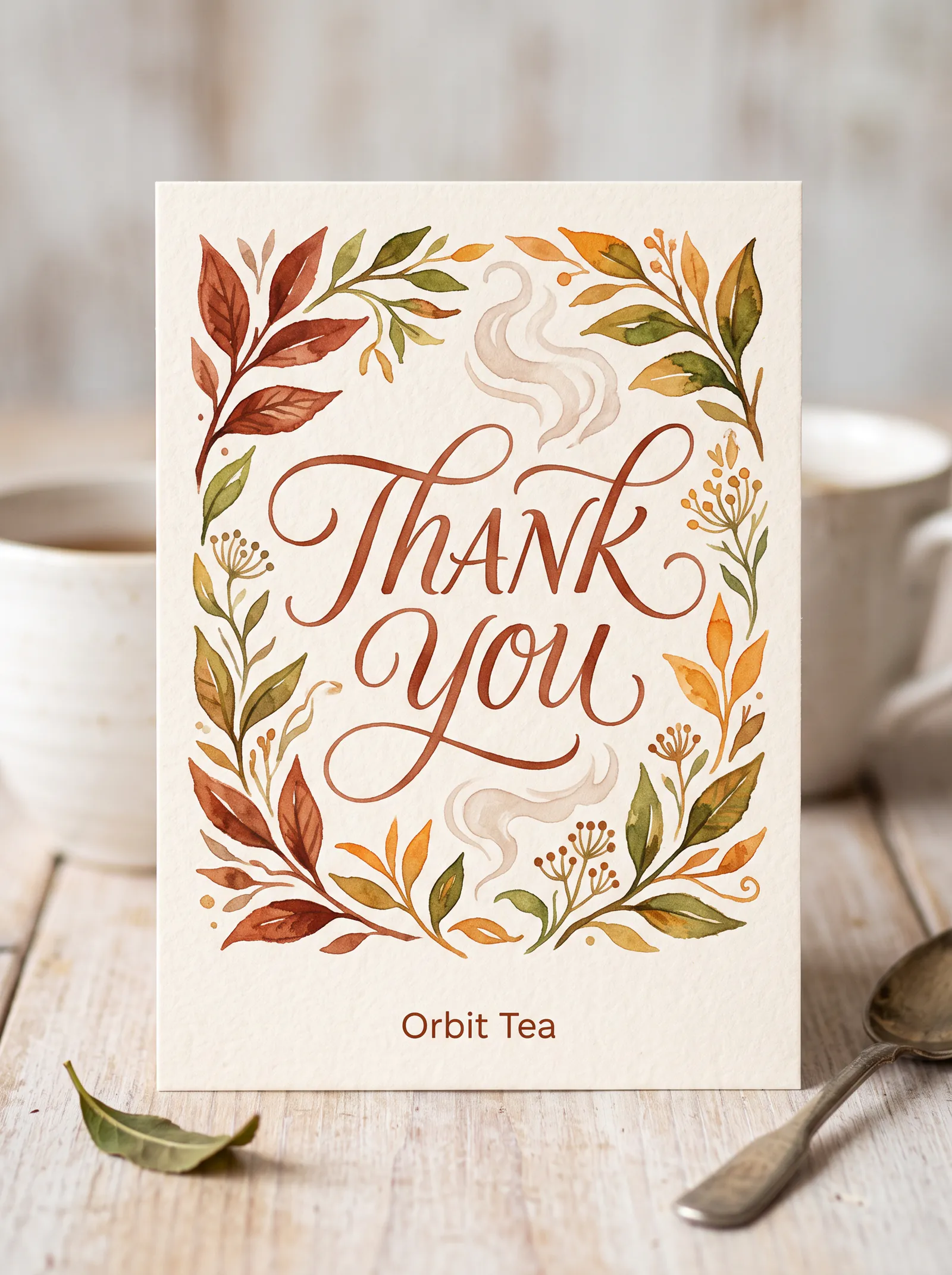 Nano Banana 2 watercolor greeting card reading Thank You with an Orbit Tea tea-leaf border