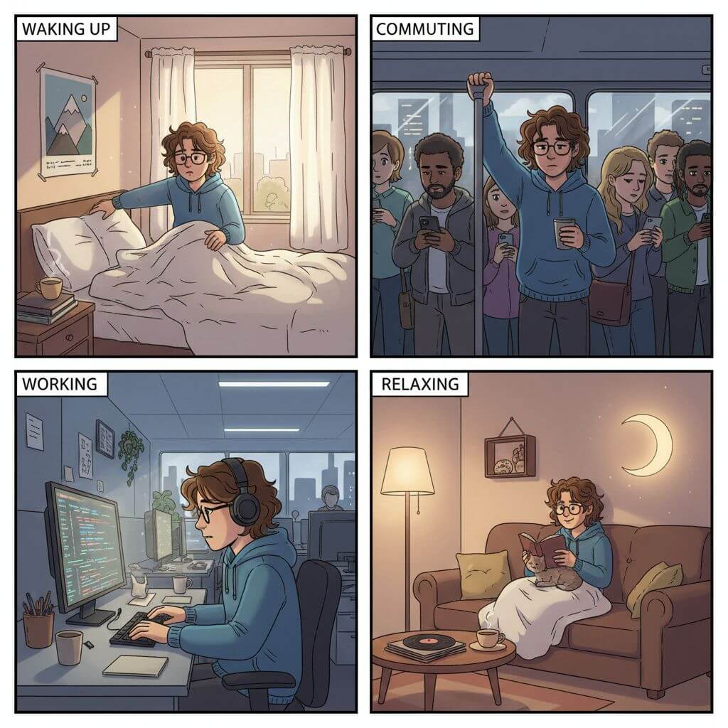 Nano Banana four-panel sequence showing the same character waking up, commuting, working, and relaxing with a consistent look