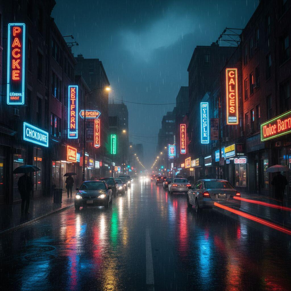 Nano Banana edit turning a daytime street photo into a rainy night scene with neon reflections