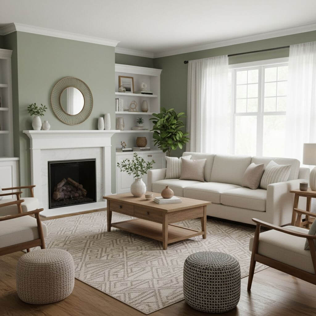 Nano Banana conversational edit changing a living room wall color to sage green while keeping everything else the same