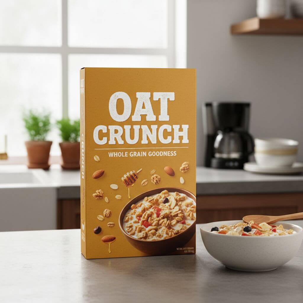 Nano Banana photorealistic product mockup of a cereal box reading 'OAT CRUNCH' on a kitchen counter