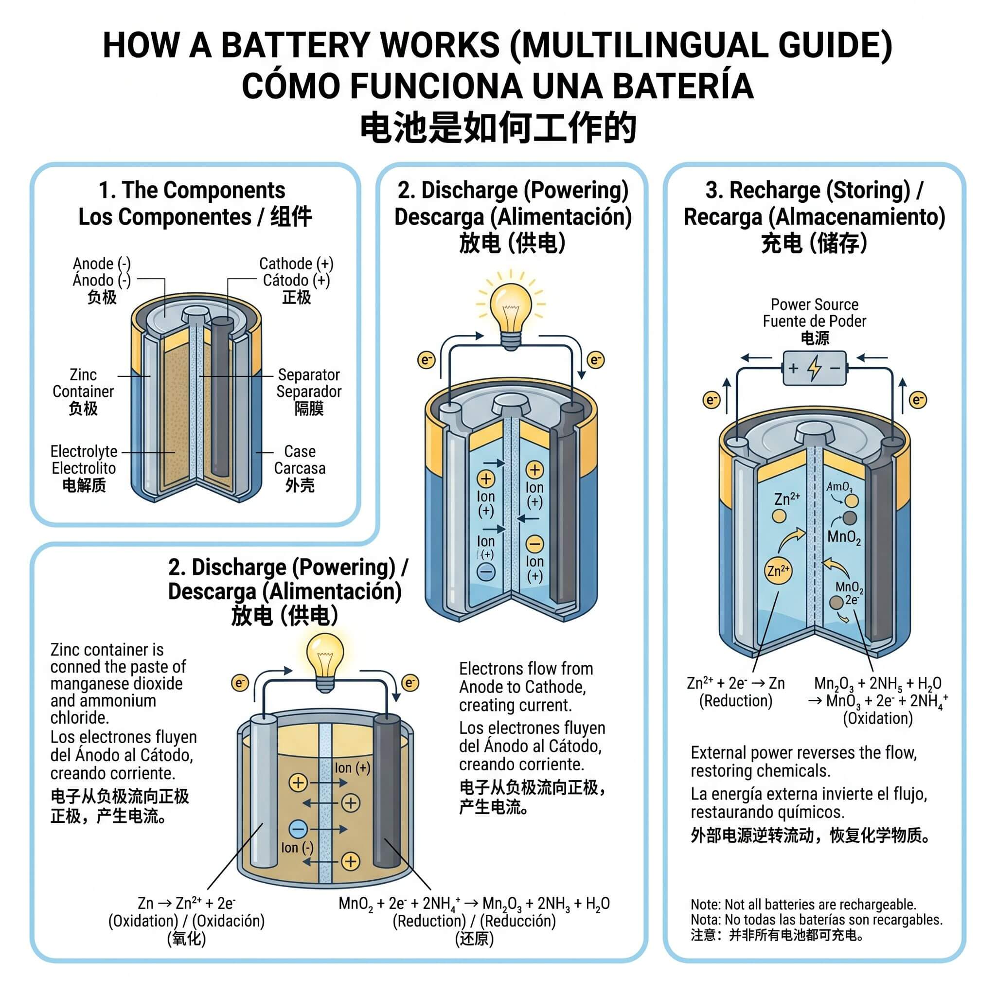 Nano Banana Pro infographic explaining how a battery works, with labeled diagrams and clean multilingual captions