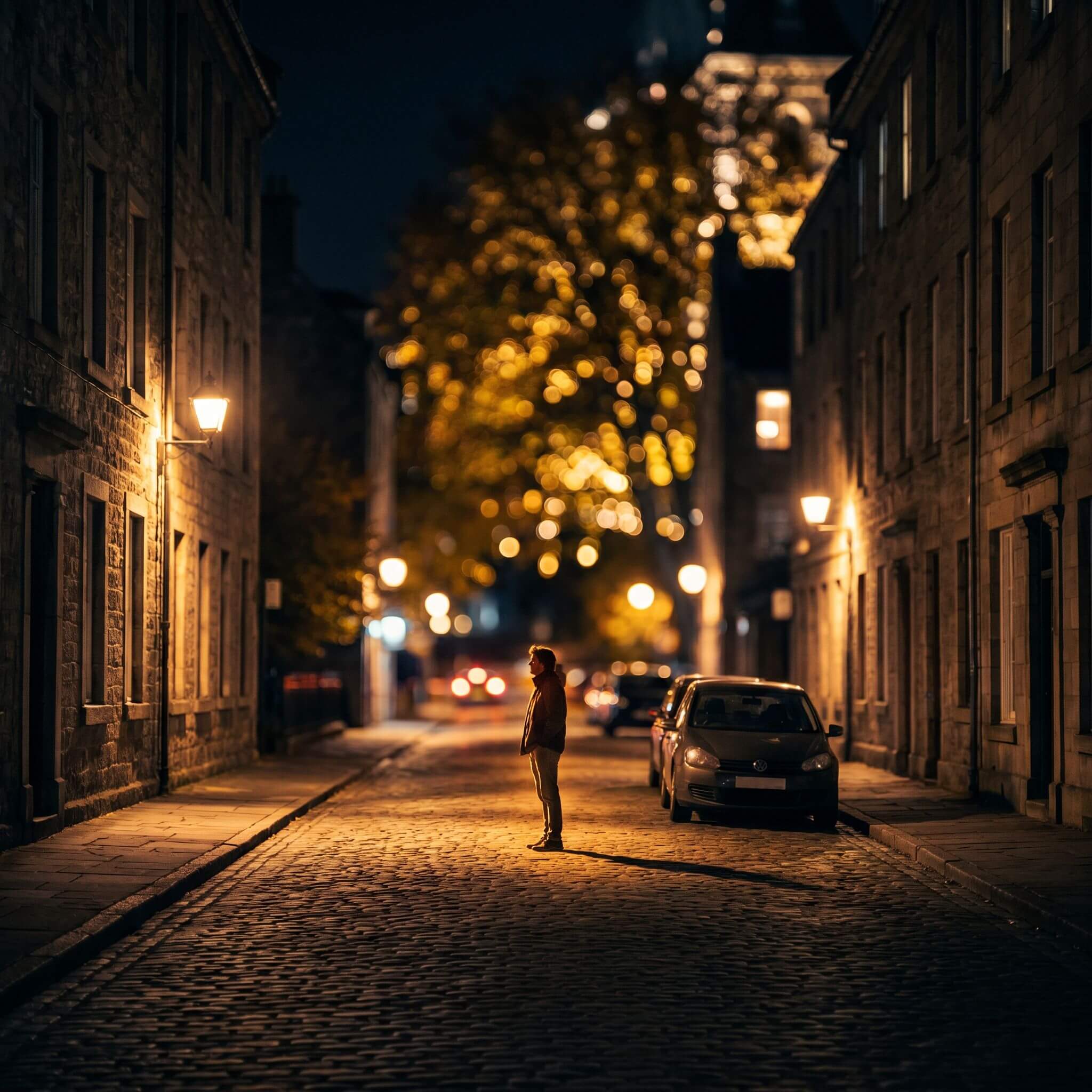 Nano Banana Pro edit changing a daytime street photo to a moody night scene with warm bokeh while keeping the composition