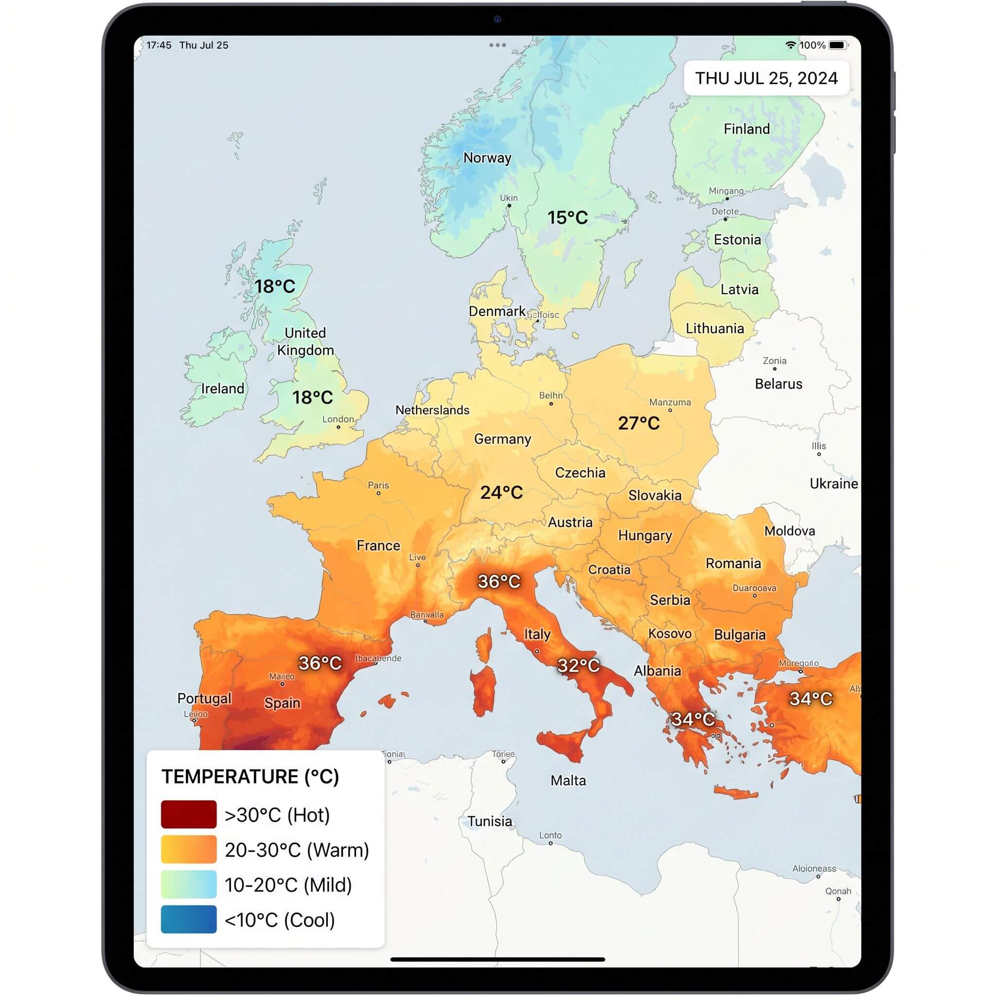 Nano Banana Pro weather map of Europe generated from current data, with temperatures and a clean legend