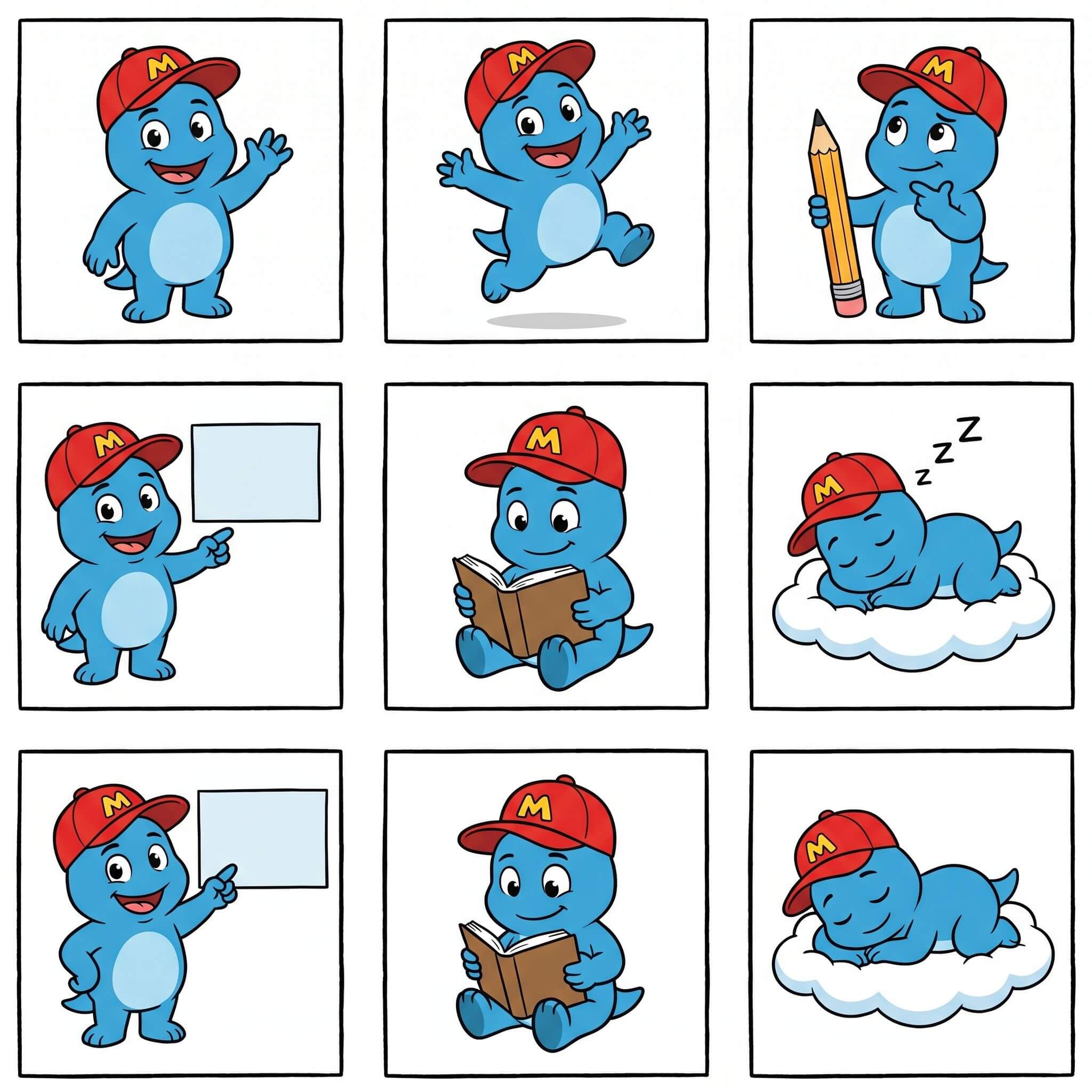Nano Banana Pro consistent character sheet of a mascot across six scenes with the same identity and varied poses