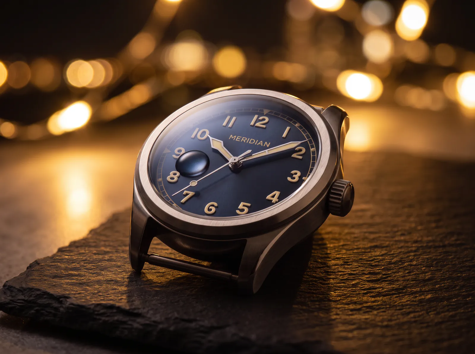 Nano Banana Pro edit of the MERIDIAN watch restaged from a daylight product still into a night scene with warm bokeh