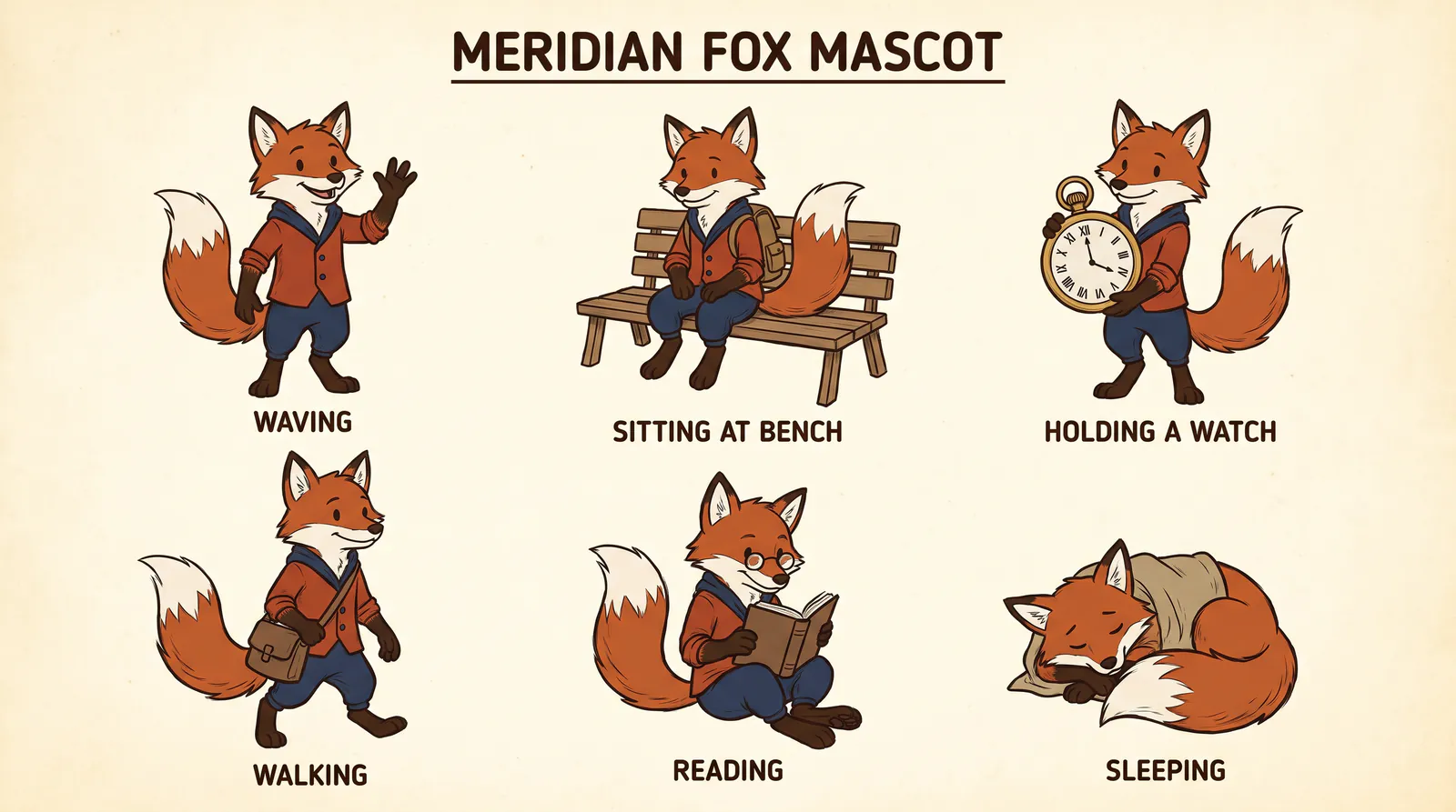Nano Banana Pro MERIDIAN fox mascot character sheet across six labeled poses on cream paper