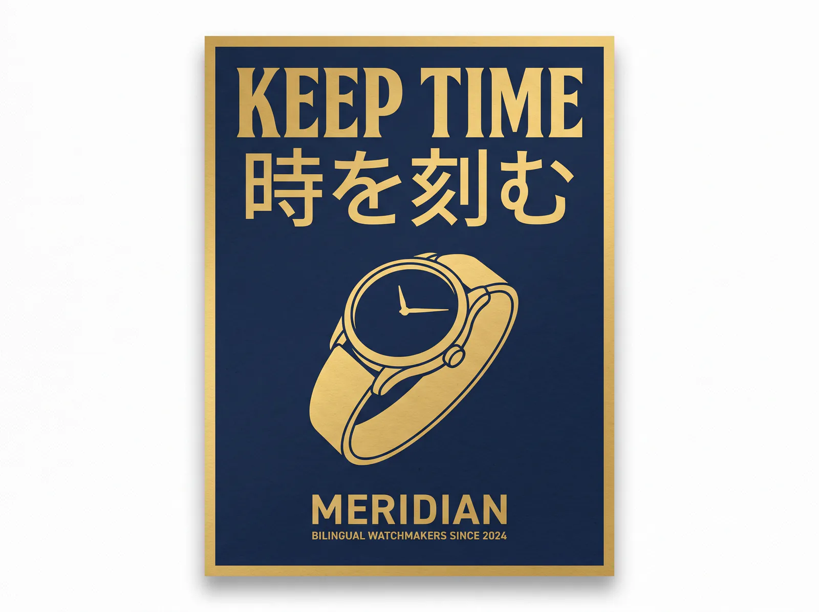 Nano Banana Pro bilingual MERIDIAN poster reading KEEP TIME and 時を刻む in gold on navy