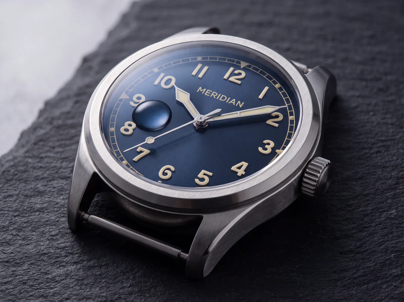 Nano Banana Pro 4K product hero of the MERIDIAN mechanical wristwatch on dark slate