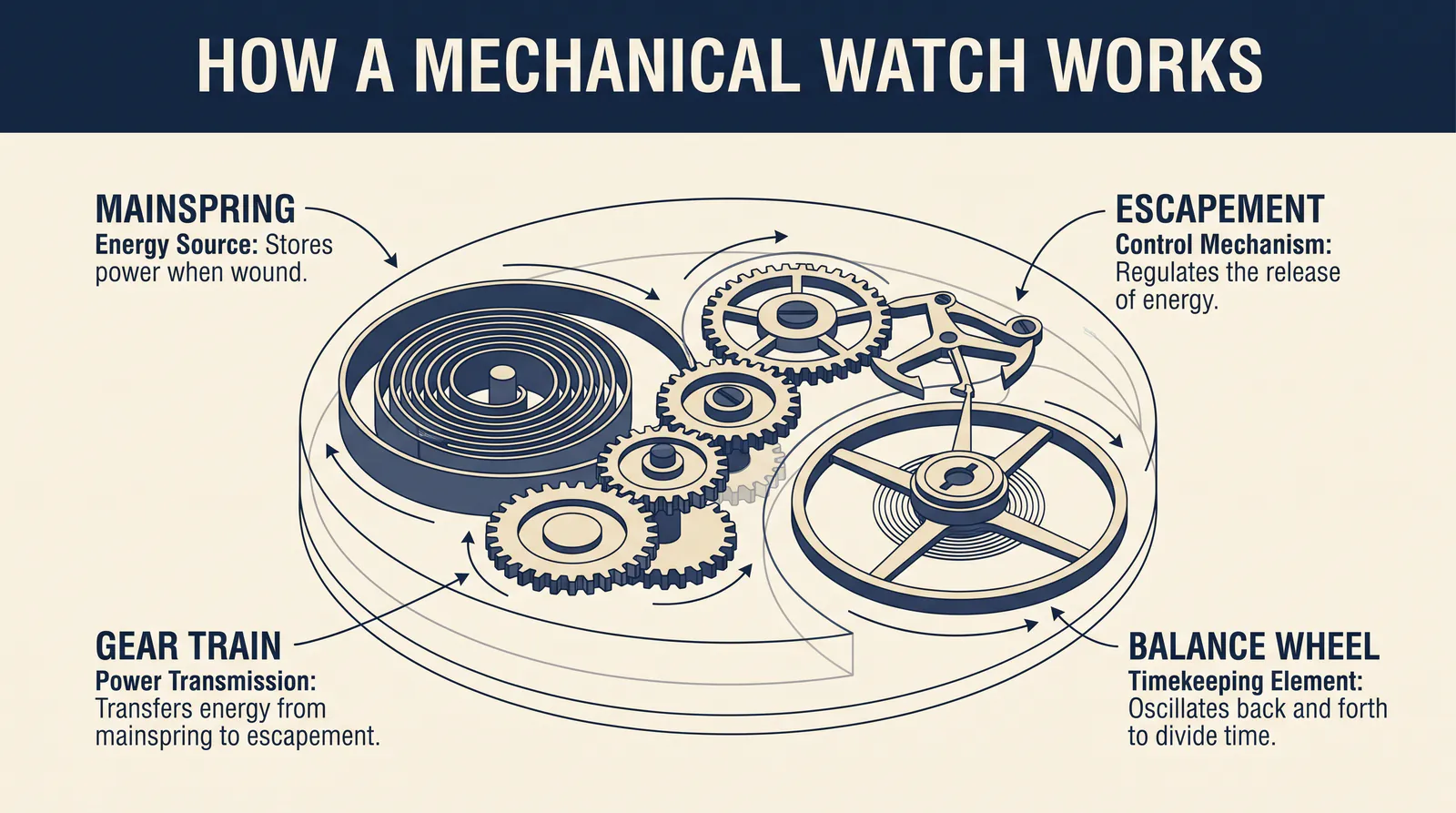 Nano Banana Pro infographic titled HOW A MECHANICAL WATCH WORKS with labeled mainspring, escapement, balance wheel, and gear train