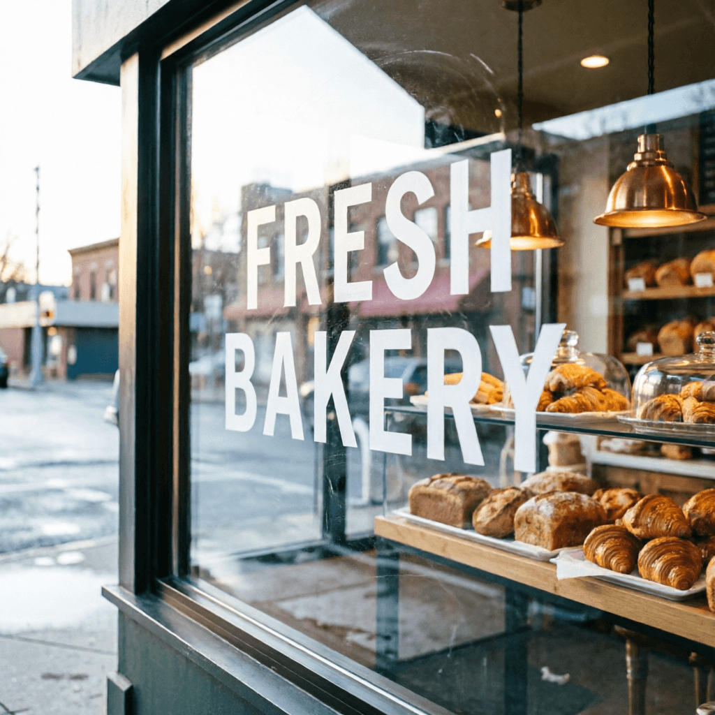 Qwen Image 2 storefront window with the text 'FRESH BAKERY' reflected on the glass in correct perspective