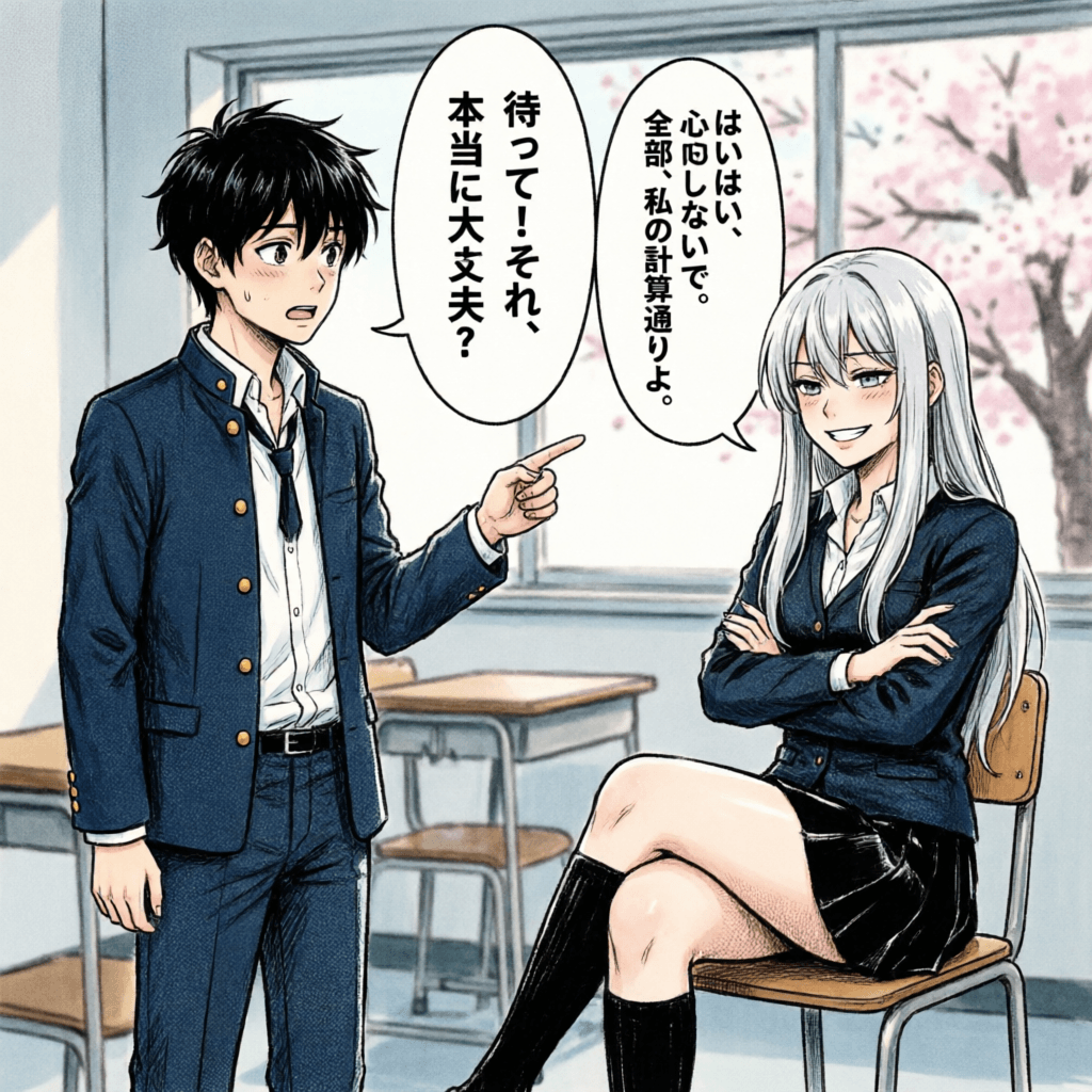 Qwen Image 2 comic panel with two characters and readable dialogue bubbles in manga style