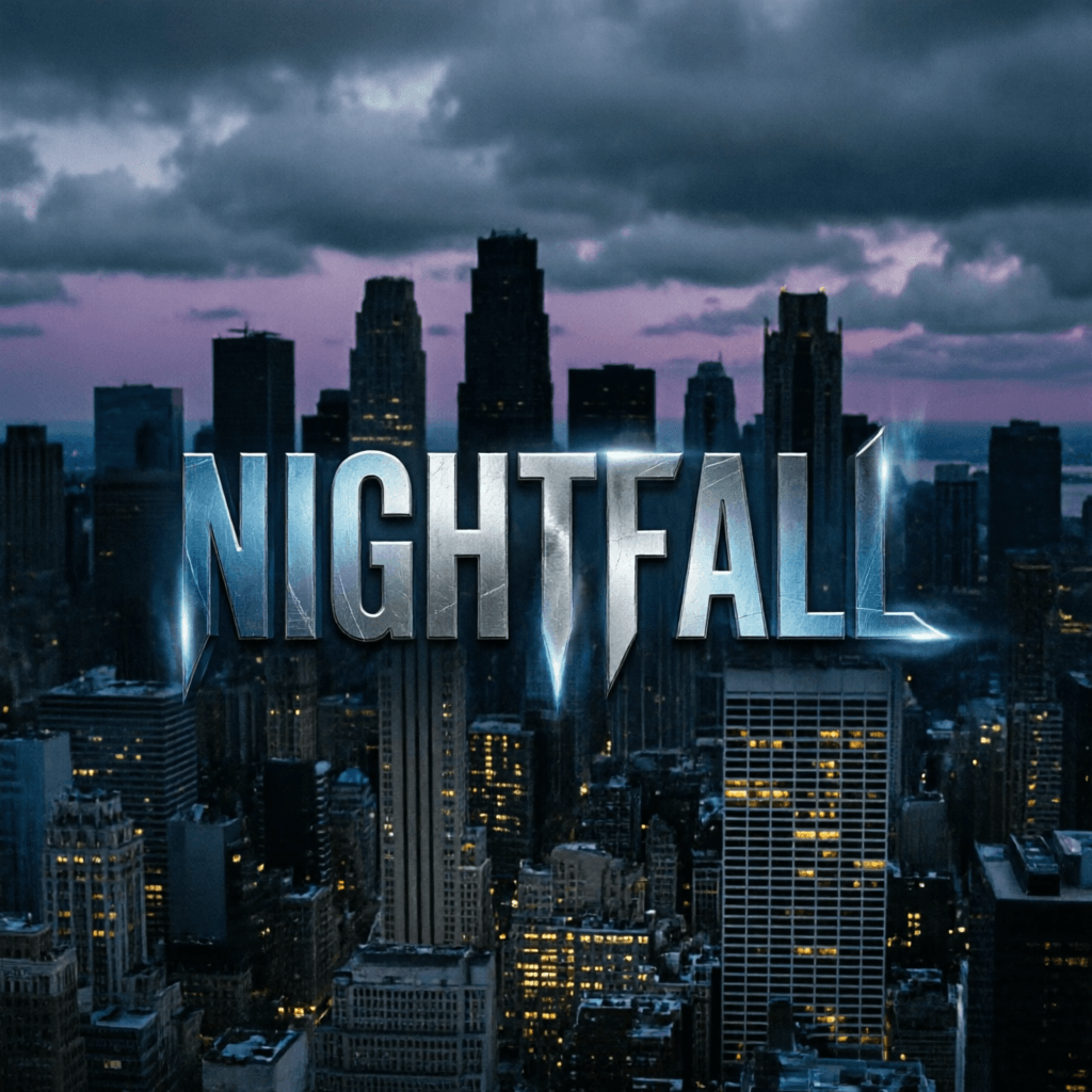Qwen Image 2 movie poster reading 'NIGHTFALL' with a dramatic skyline and stylized title typography