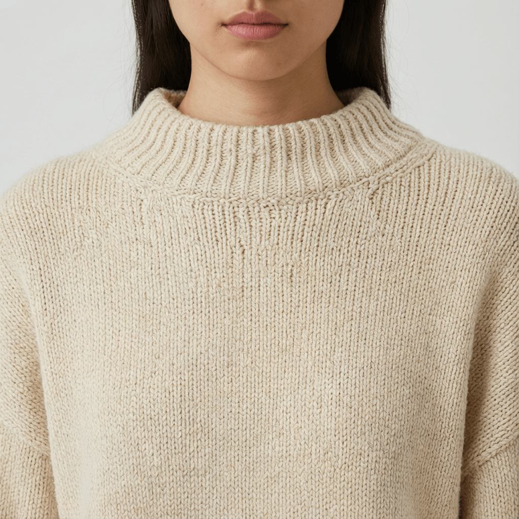 Qwen Image 2 Pro high-end fashion shot of a model in a knit sweater with visible weave and natural fabric draping