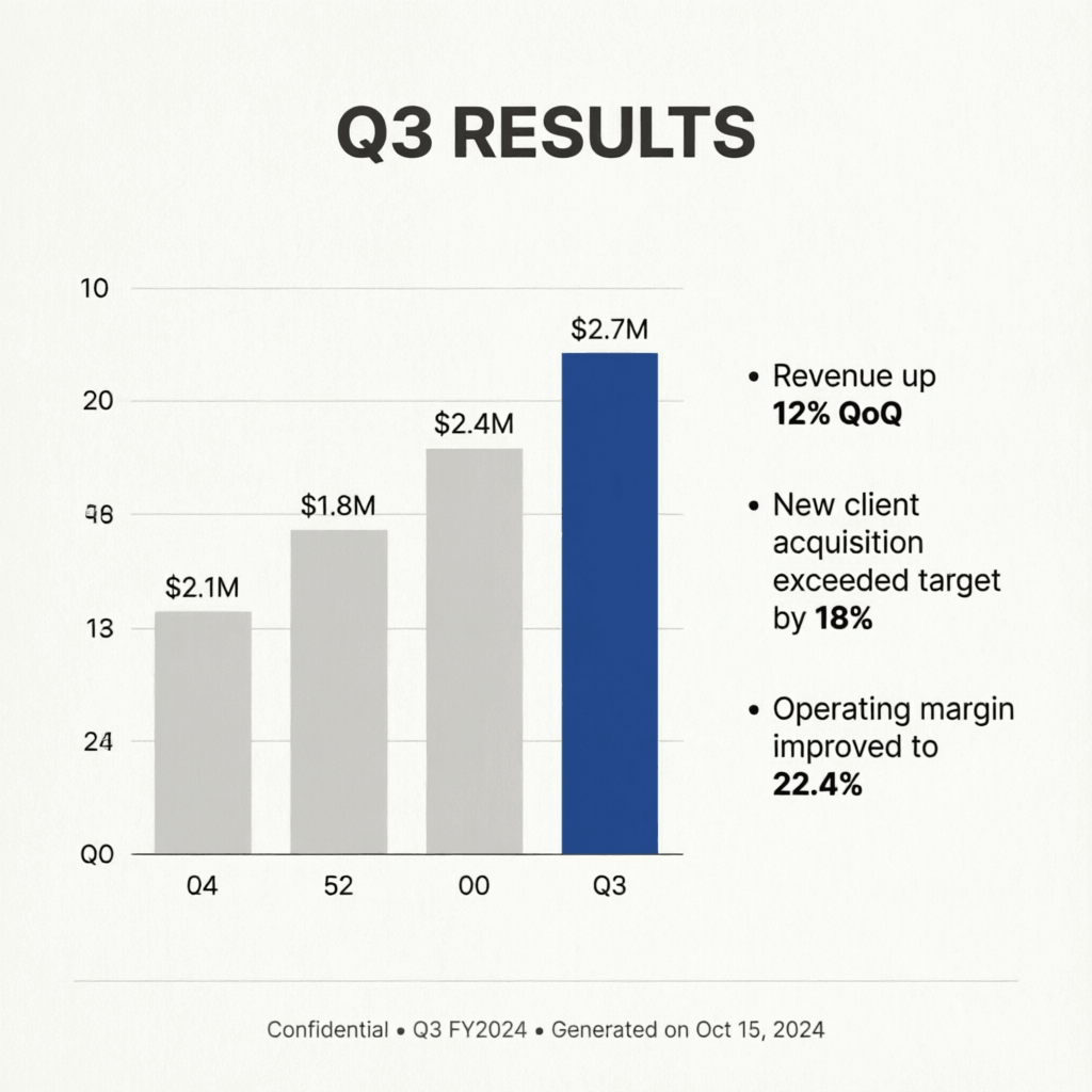 Qwen Image 2 presentation slide titled 'Q3 RESULTS' with a bar chart, three bullet callouts, and a footer