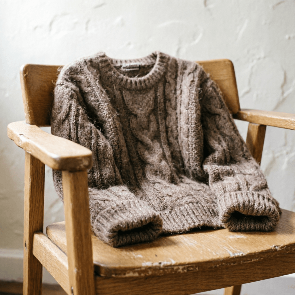 Qwen Image 2 photorealistic close-up of a wool sweater on a wooden chair with fine fabric texture in soft light