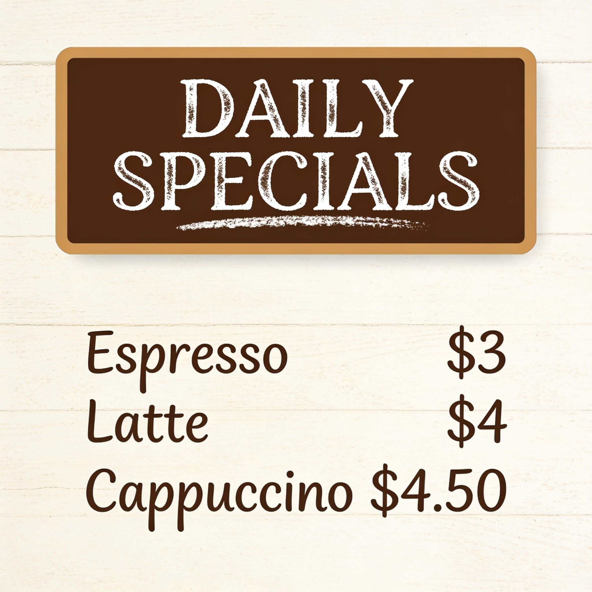 Seedream 4.5 chalkboard-style coffee shop menu board titled 'DAILY SPECIALS' with Espresso $3, Latte $4, and Cappuccino $4.50