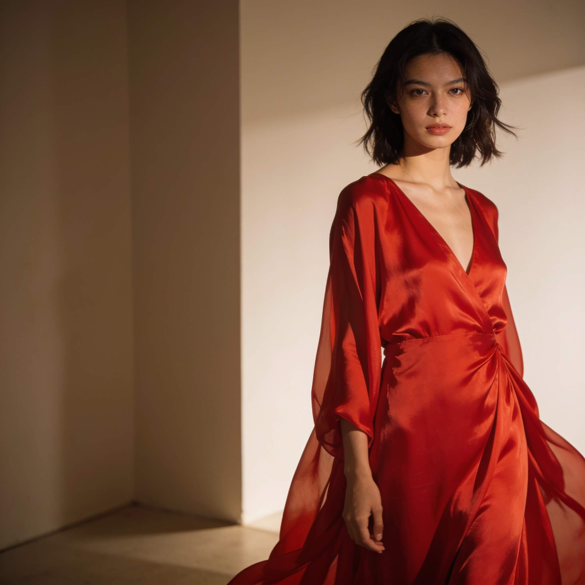 Seedream 4.5 reference-based edit keeping the model's face and lighting identical while changing the dress to flowing red silk