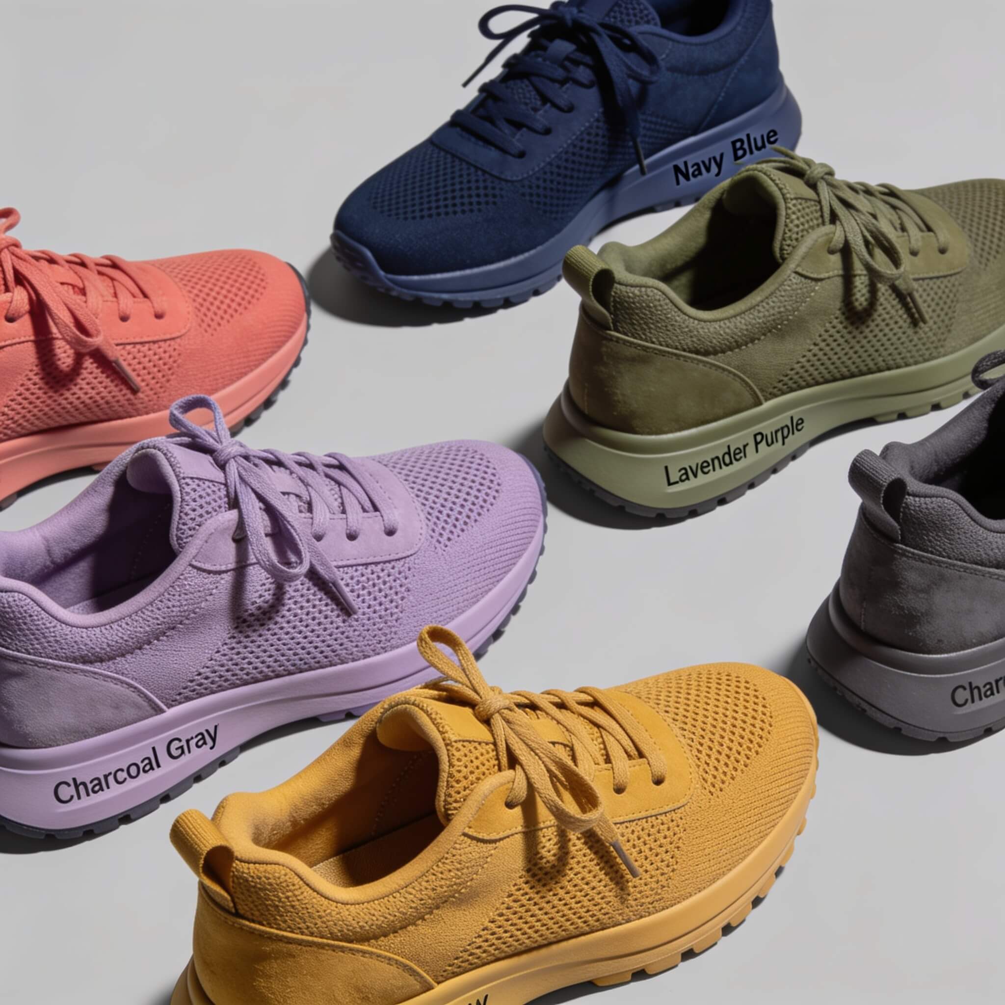 Seedream 4.5 product line-up of the same sneaker in six colorways with consistent angle, lighting, and style
