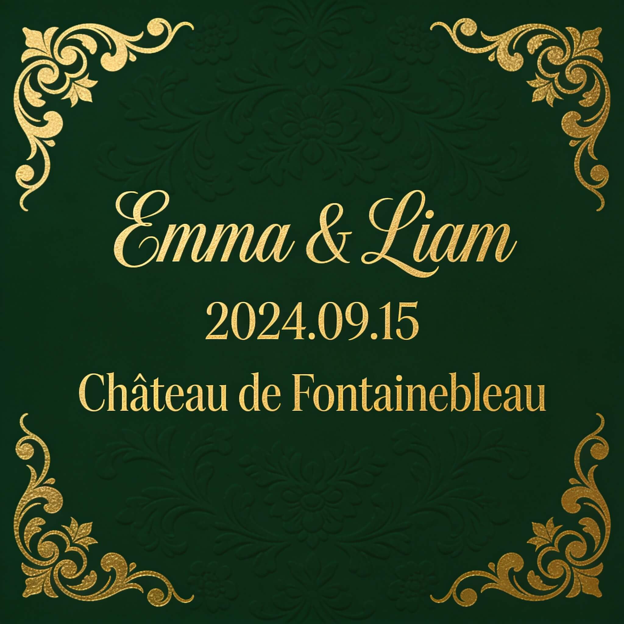 Seedream 4.5 European vintage wedding invitation on a dark green base with gold-foil typography for names, date, and venue