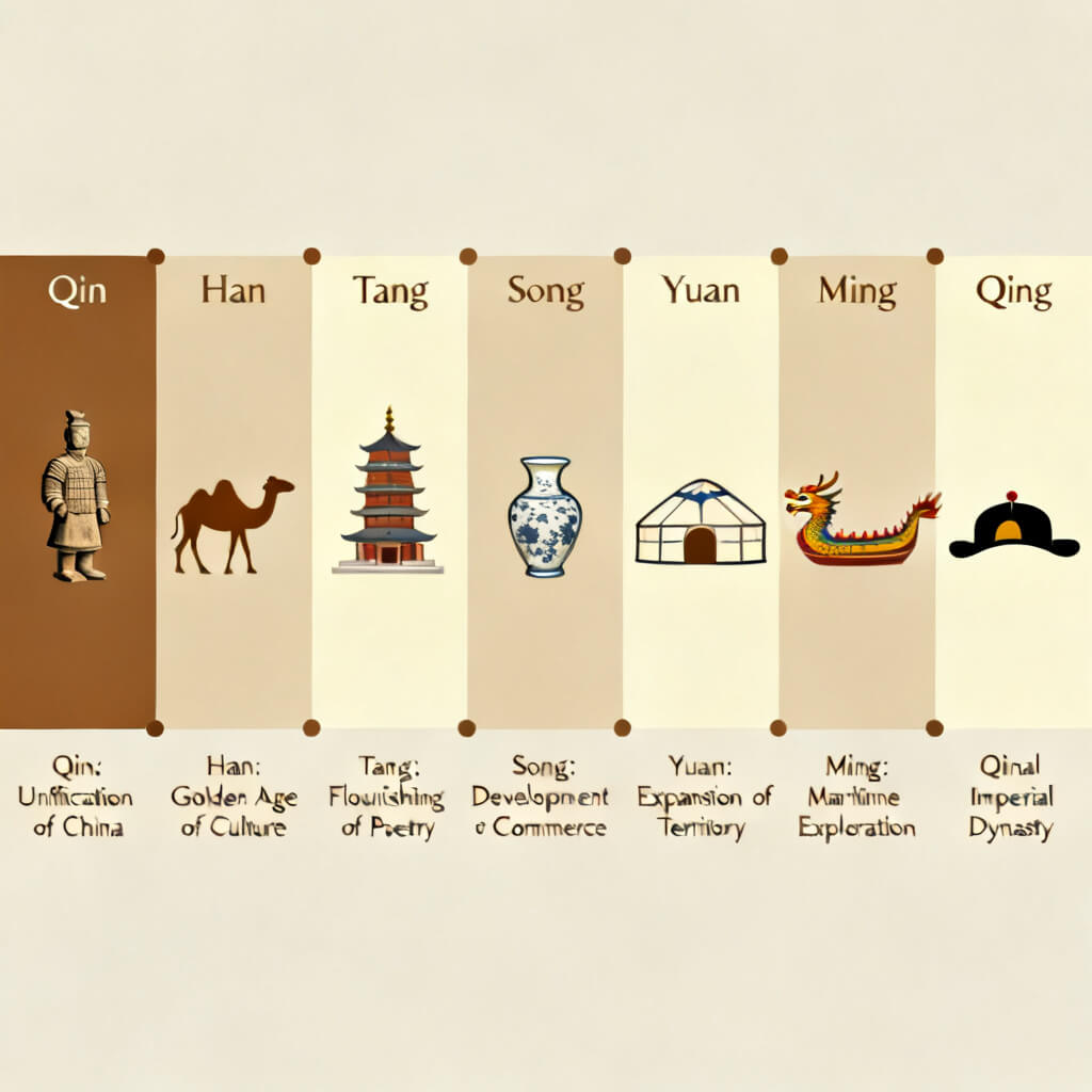 Seedream 4 history timeline of Chinese dynasties from Qin to Qing, each with a small icon and short caption