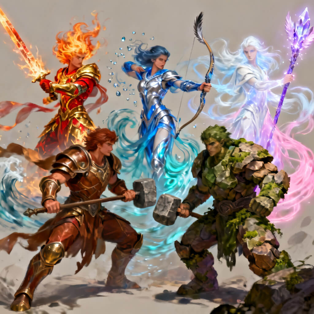 Seedream 4 set of five elemental warriors for fire, water, earth, air, and spirit with a consistent art style across all