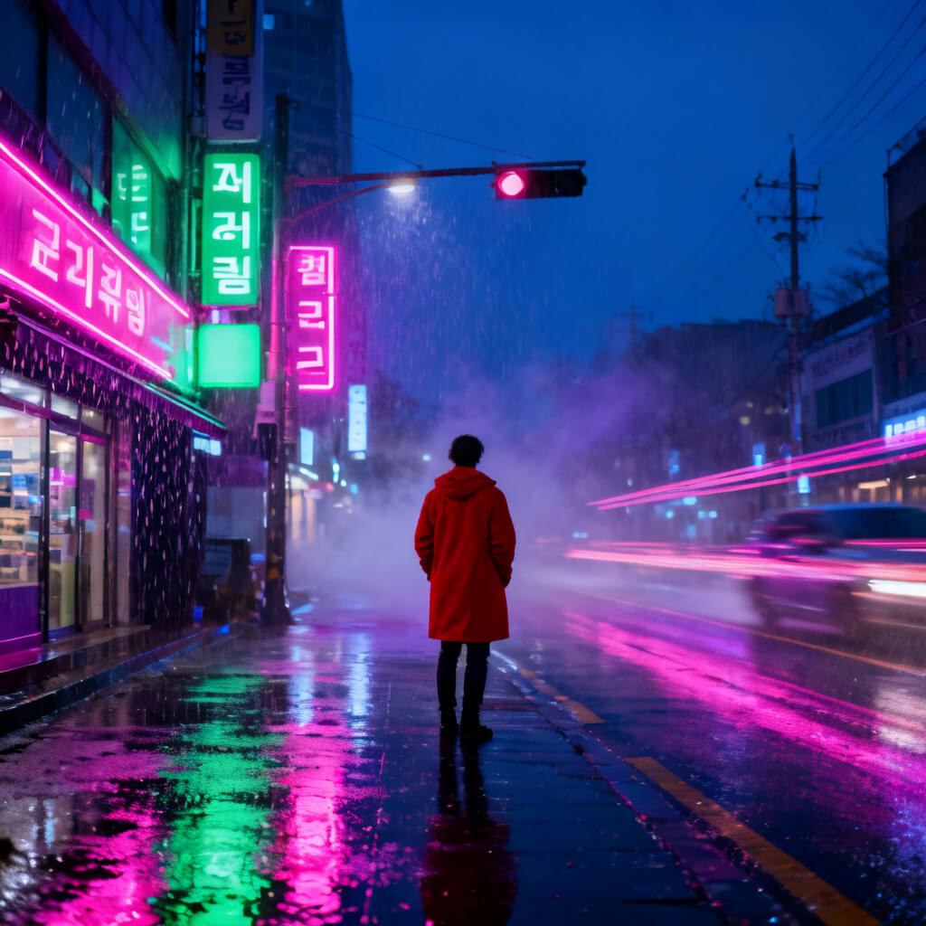 Seedream 4 photorealistic rainy night street in Seoul with neon reflections on wet pavement and one person in a red coat