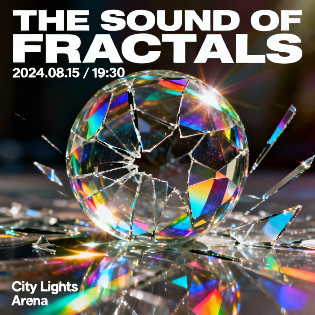 Seedream 4 concert poster reading 'THE SOUND OF FRACTALS' with a shattered glass sphere refracting rainbow light