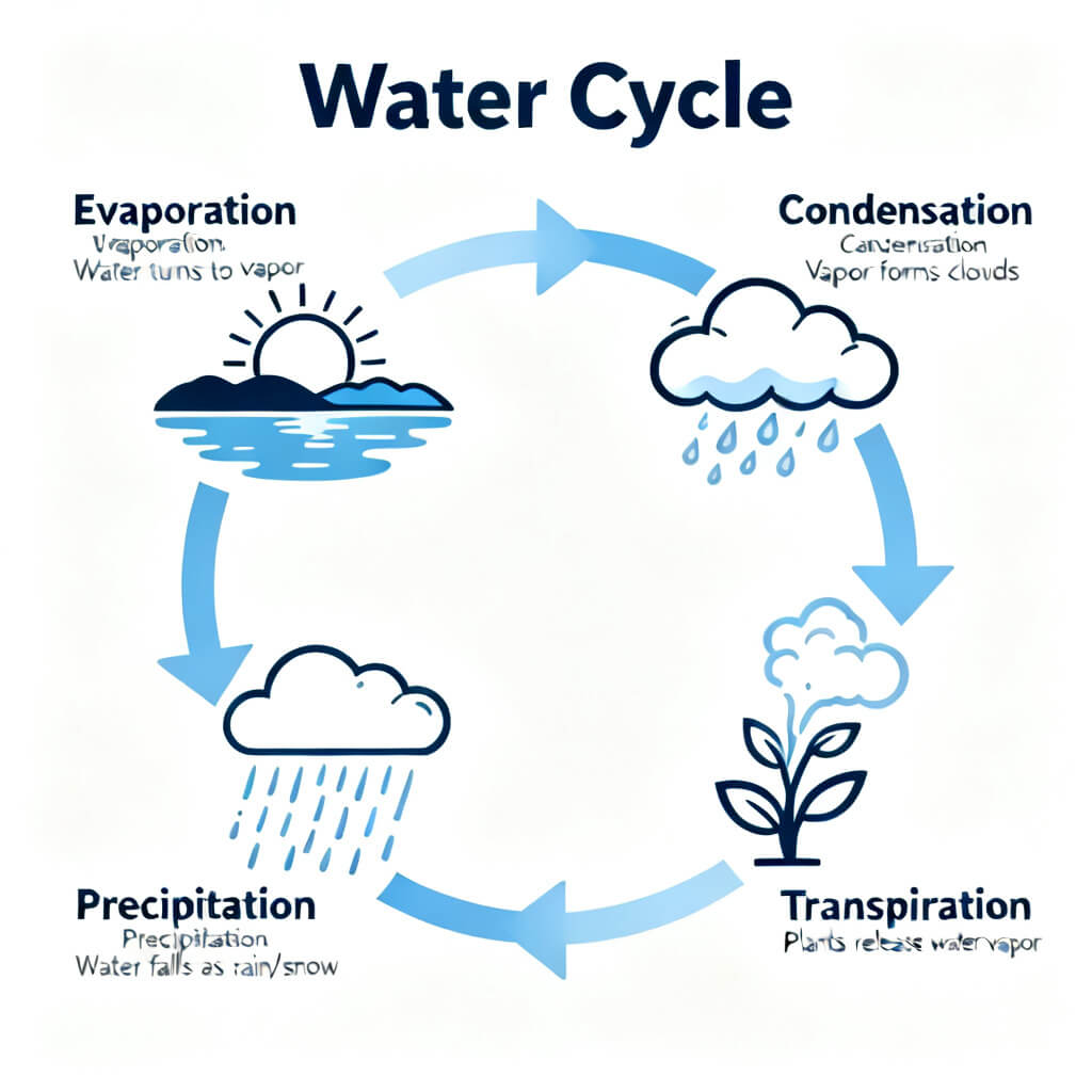Seedream 4 clean infographic explaining the water cycle with labeled stages and English captions