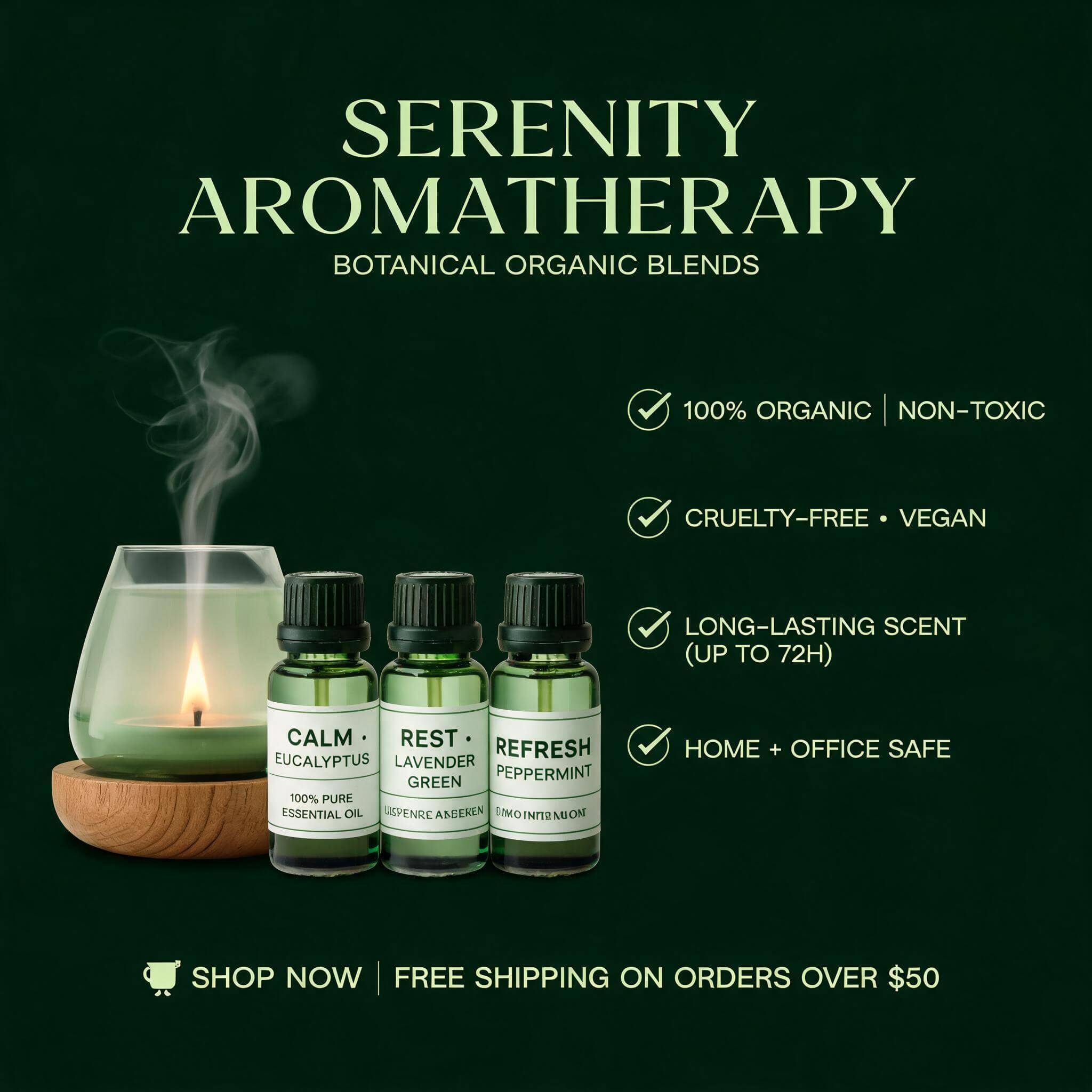 Seedream 5 Lite premium e-commerce product page for an aromatherapy line with a dark and light green palette and key selling points