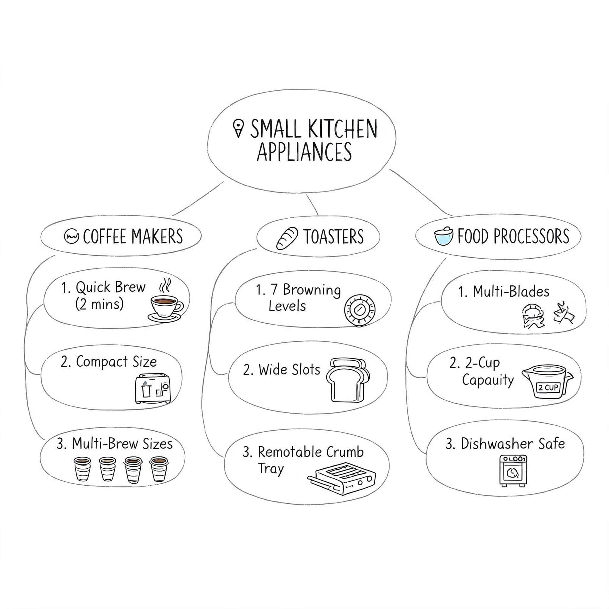 Seedream 5 Lite campaign mind map for small kitchen appliances with three categories, hand-drawn icons, and three features each