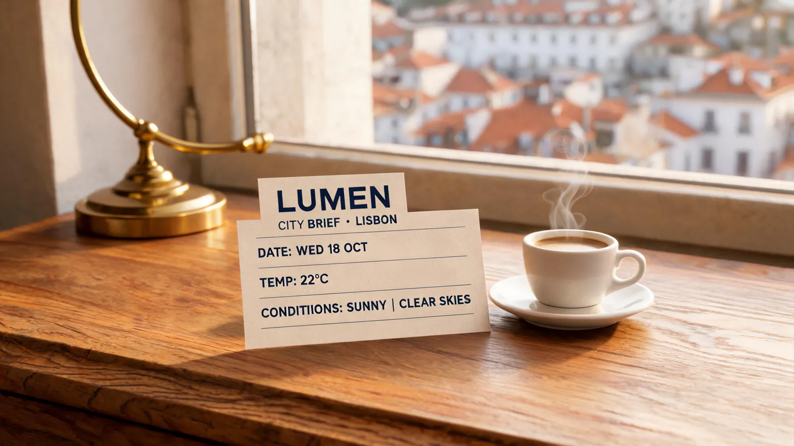 Seedream 5 Lite editorial still of a LUMEN City Brief card on an oak desk overlooking Lisbon rooftops