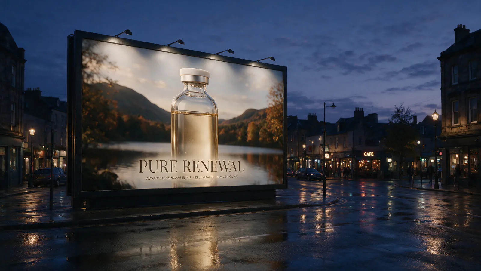 Seedream 5.0 Pro dusk street with a PURE RENEWAL serum billboard reflected in wet pavement