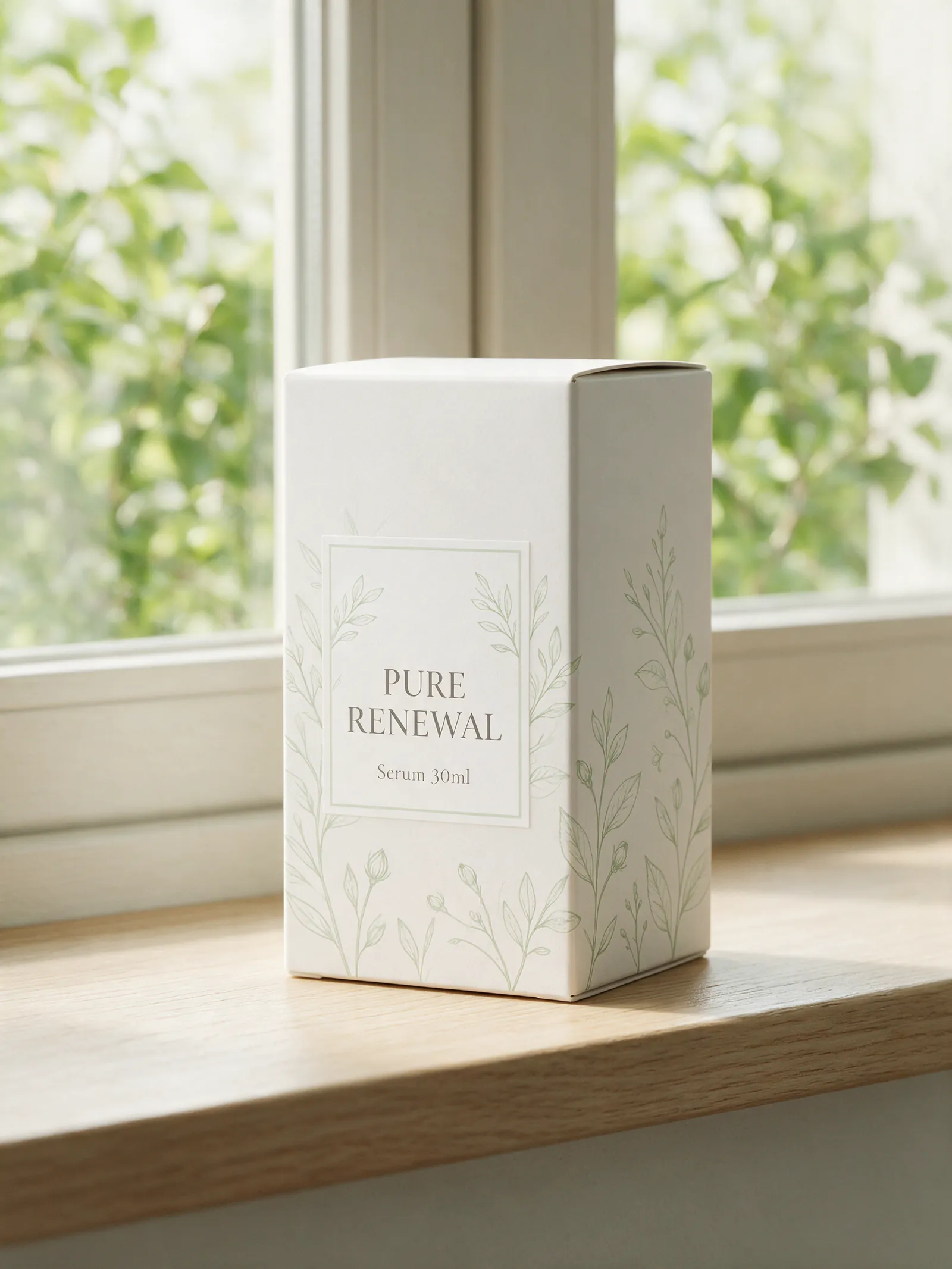Seedream 5.0 Pro studio photo of a matte white PURE RENEWAL Serum 30ml carton with sage botanical line art