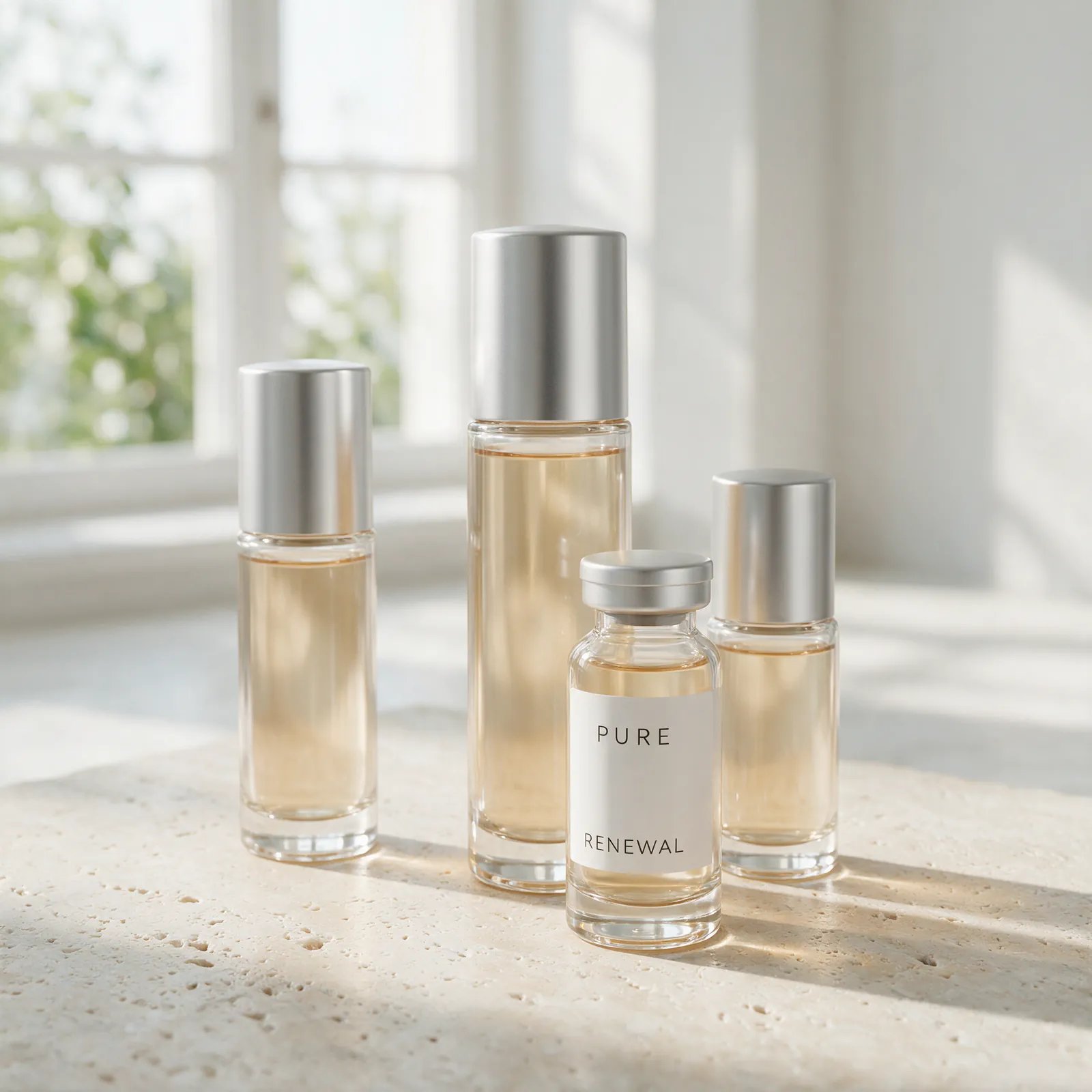 Seedream 5.0 Pro catalog still life of glass PURE RENEWAL serum bottles on pale travertine