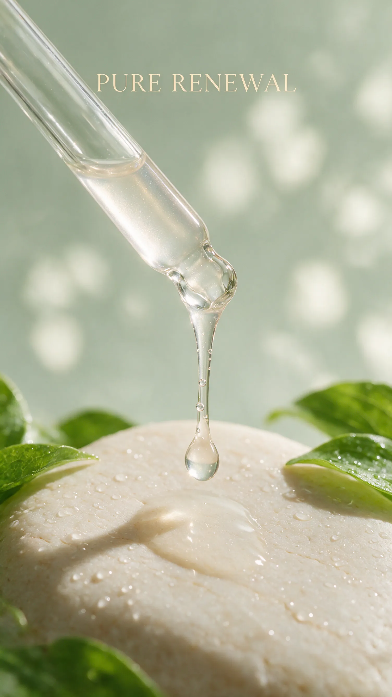 Seedream 5.0 Pro vertical close-up of a serum drop falling onto stone under PURE RENEWAL type