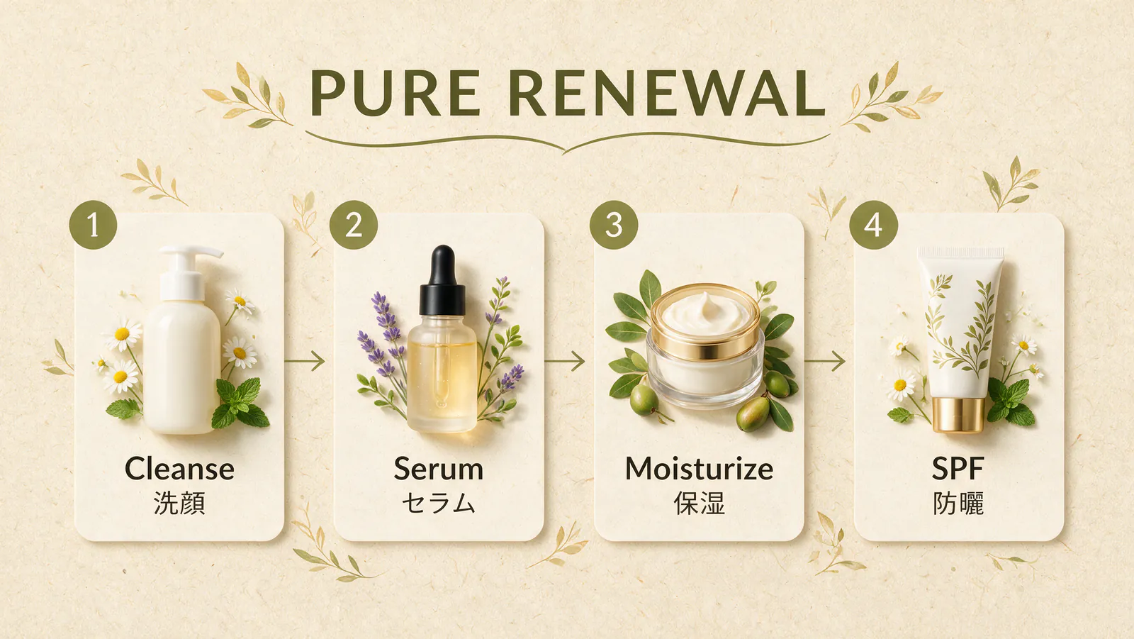 Seedream 5.0 Pro bilingual four-step PURE RENEWAL morning routine infographic with English and Japanese labels