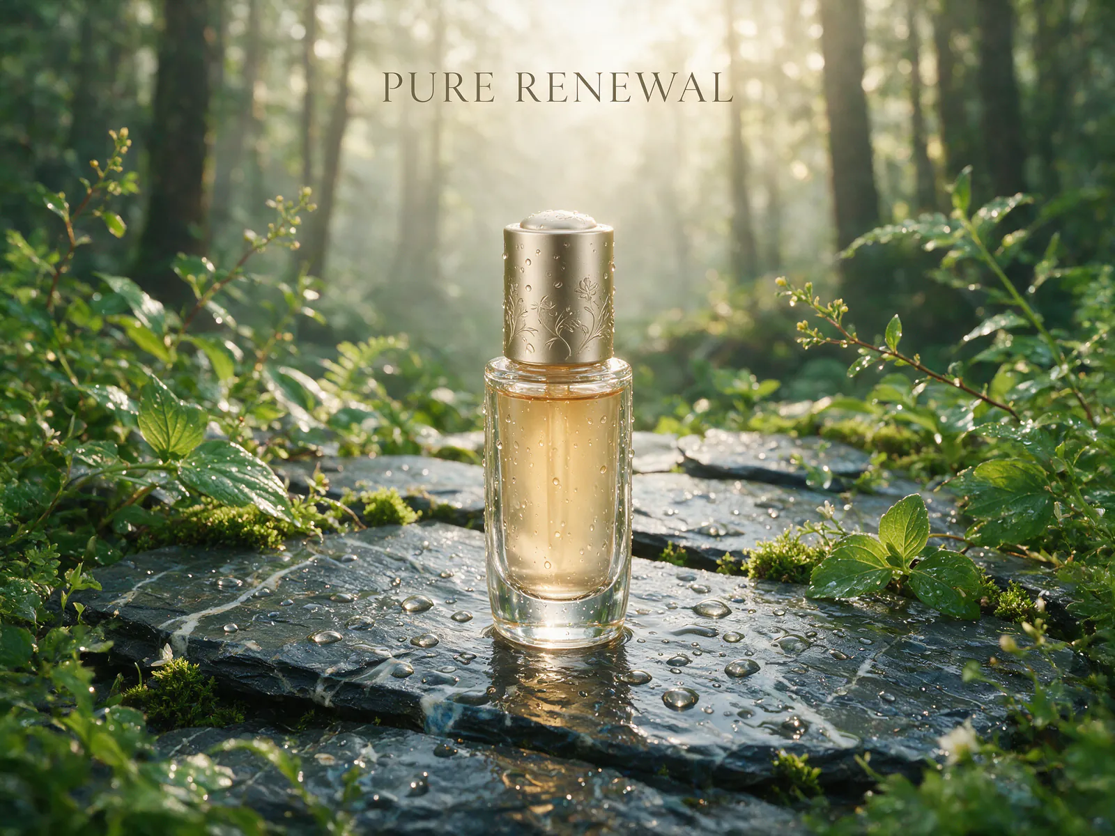 Seedream 5.0 Pro campaign still of a glass PURE RENEWAL serum bottle on wet mossy slate in morning forest light