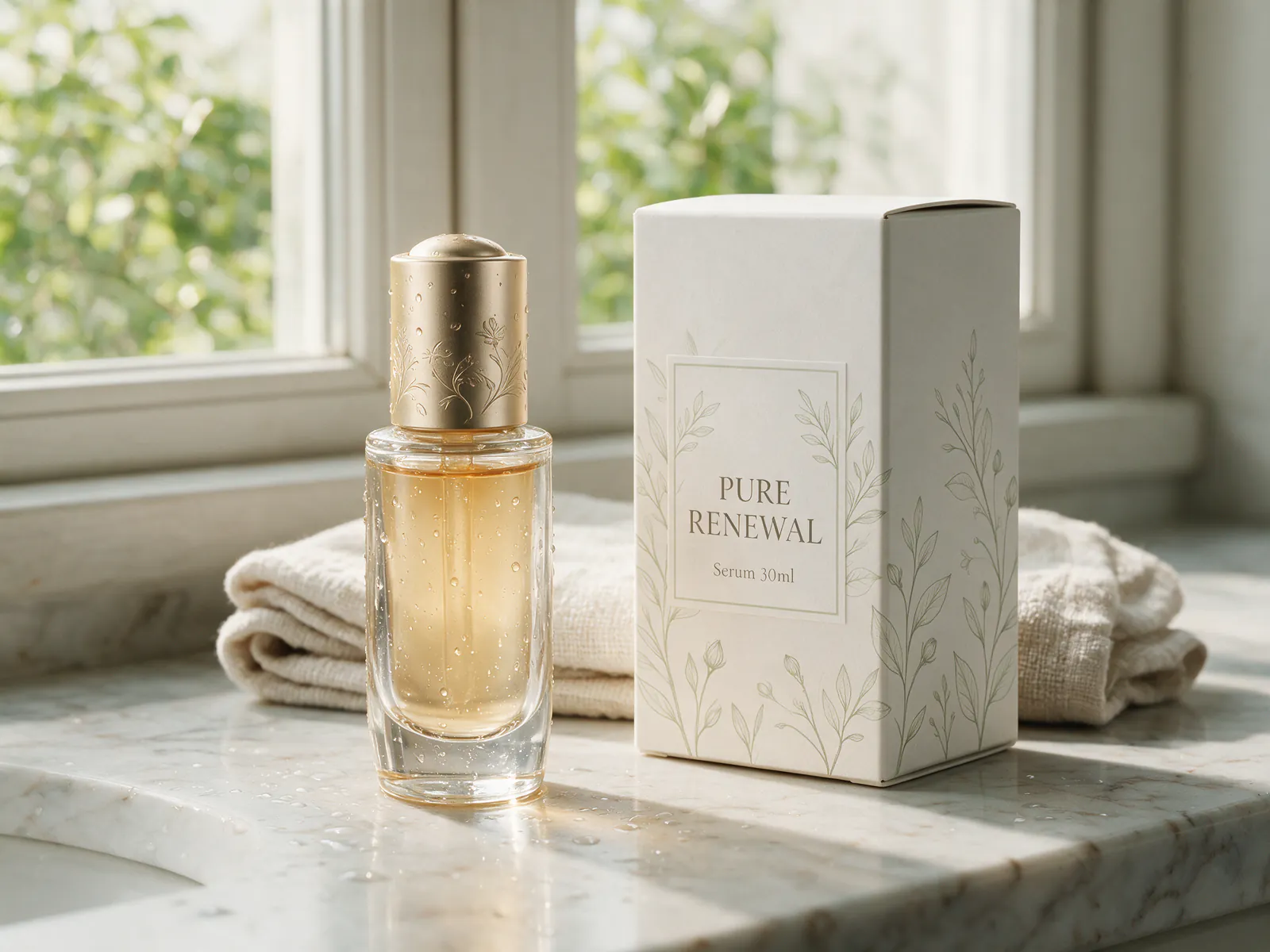 Seedream 5.0 Pro multi-reference composite of the PURE RENEWAL bottle and carton on a marble bathroom vanity