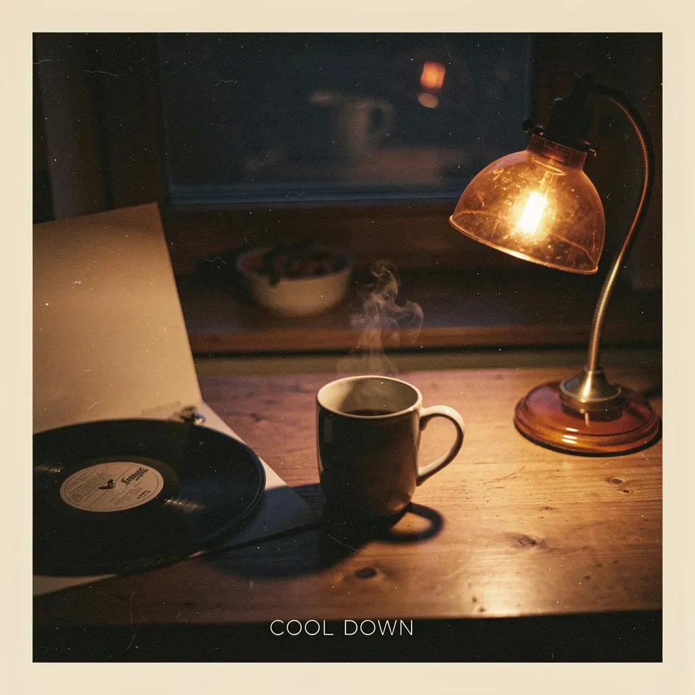 Suno lo-fi instrumental Cool Down, vinyl and amber lamp cover
