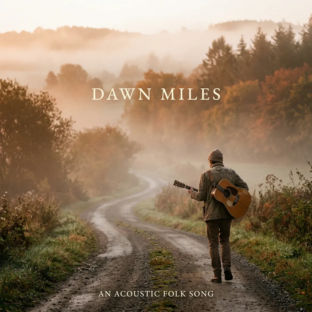 Suno acoustic folk track Dawn Miles, guitar on a misty dawn road