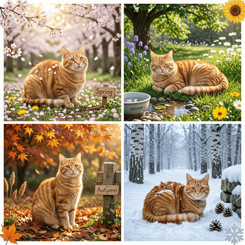 Wan Image 2.7 coherent set of four images of the same orange cat across spring, summer, autumn, and winter