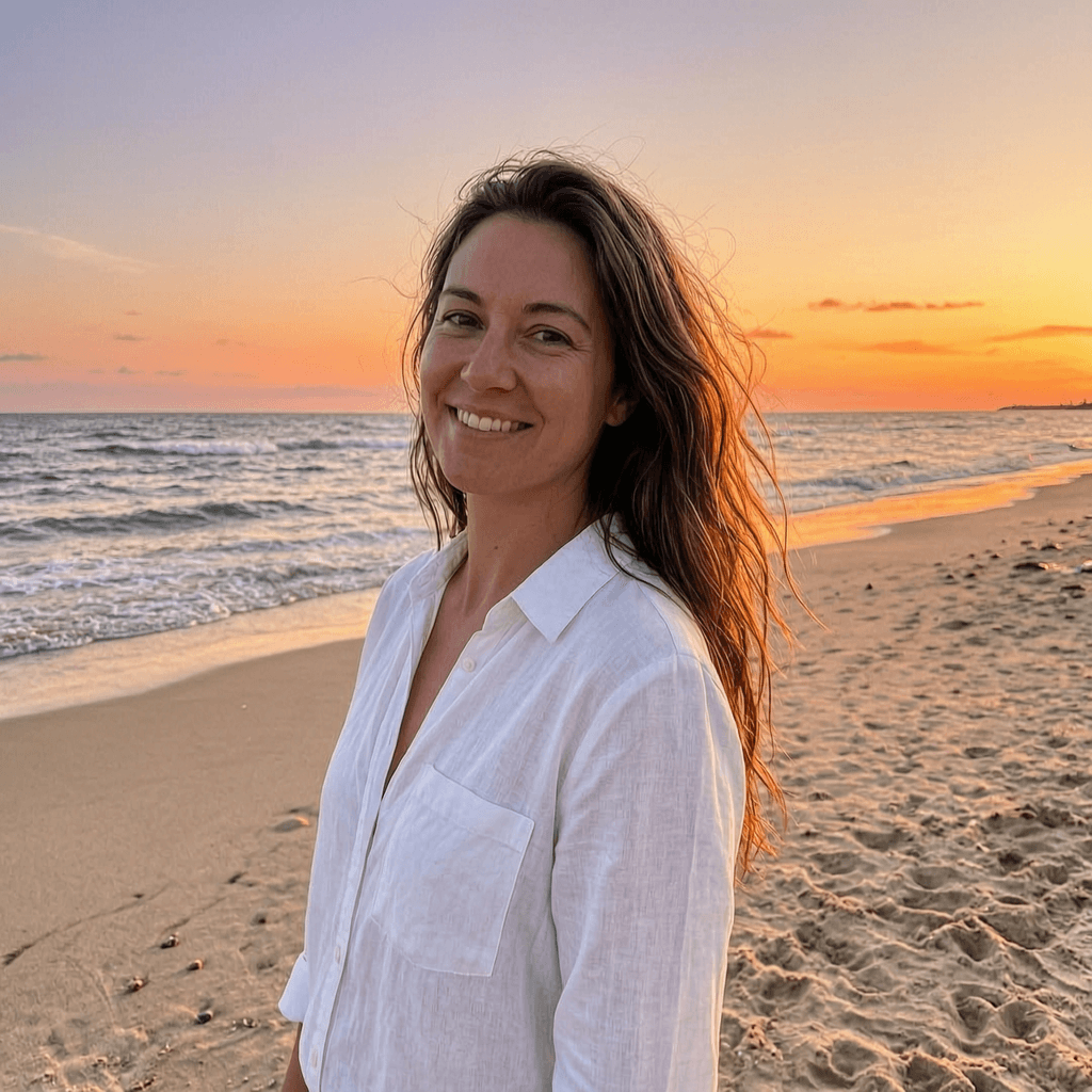 Wan Image 2.7 portrait with its background changed to a beach sunset while keeping the face, pose, and clothing unchanged