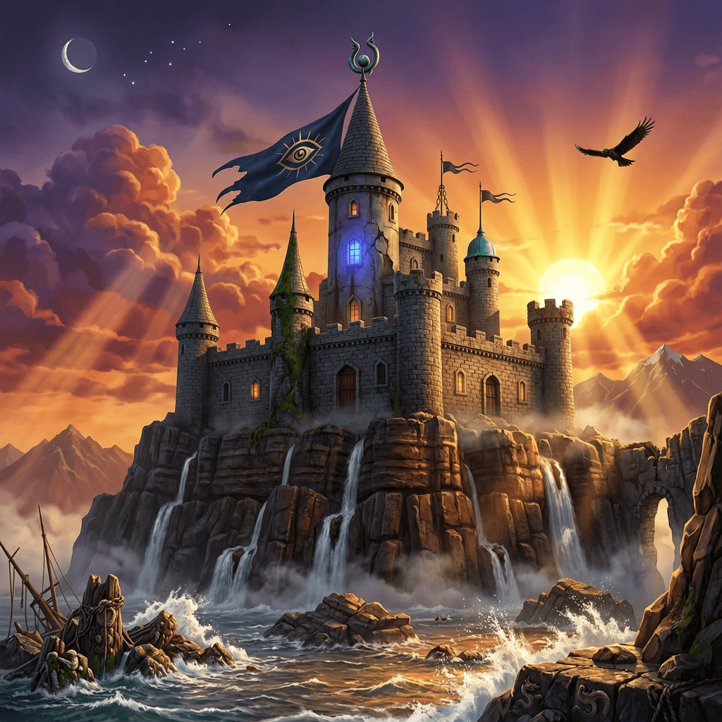 Wan Image 2.7 Pro native 4K splash art of a fantasy castle on a cliff at sunset in a cinematic 16:9 composition