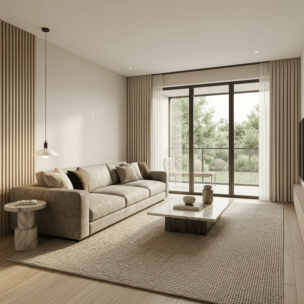 Wan Image 2.7 Pro 4K interior render of a modern living room with accurate lighting and fine material texture
