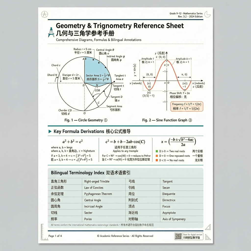 Wan Image 2.7 Pro educational A4 page with labeled diagrams, math formulas, and bilingual captions in crisp text